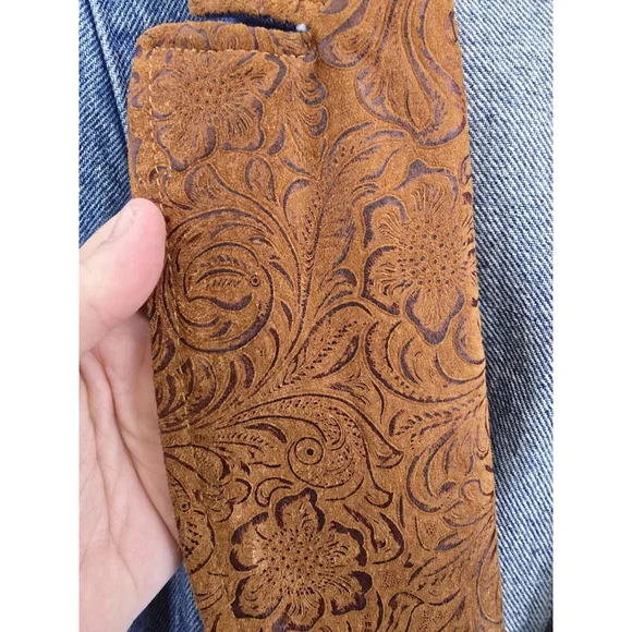 Frontier Vtg Denim Leather Cropped 1 Button Western Jacket. Ladies Size Large - Picture 4 of 15